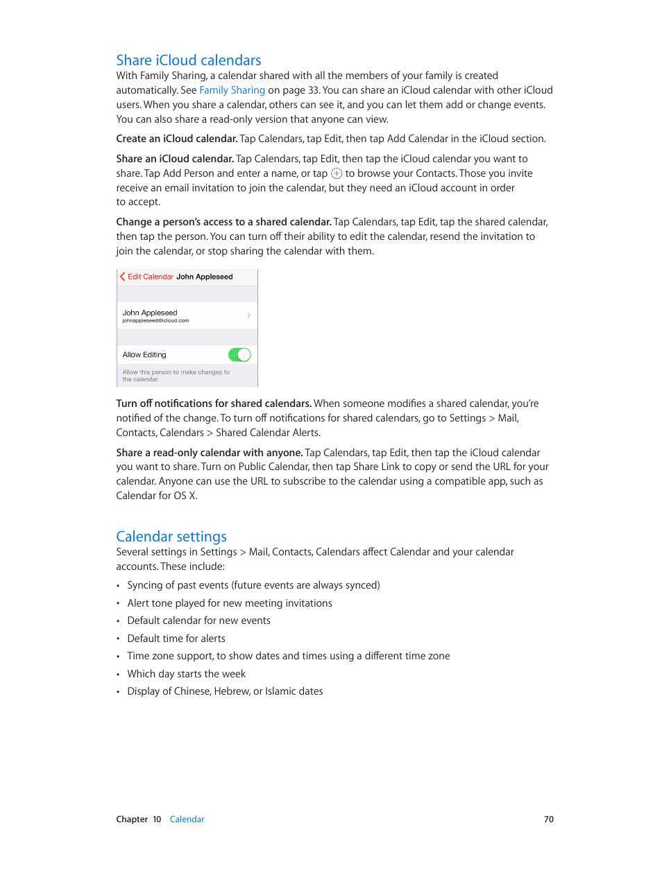 Share icloud calendars, Calendar settings, 70 share icloud calendars 70 calendar settings | Apple iPod touch iOS 8.1 User Manual | Page 70 / 160