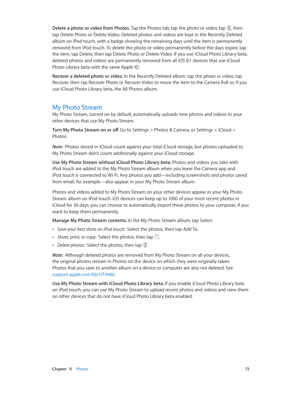 My photo stream, 73 my photo stream, E (see | Apple iPod touch iOS 8.1 User Manual | Page 73 / 160