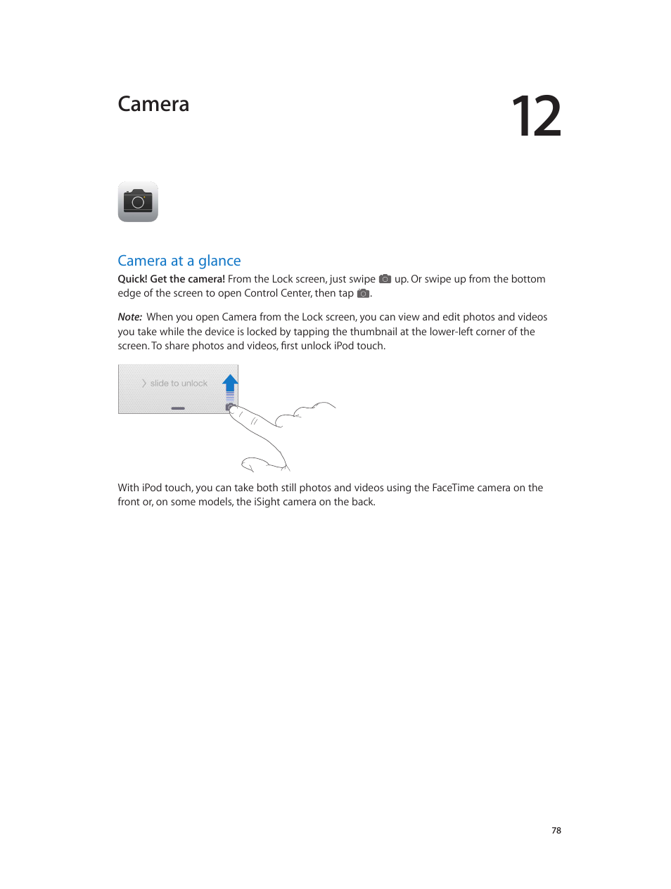 Chapter 12: camera, Camera at a glance, 78 camera at a glance | Camera | Apple iPod touch iOS 8.1 User Manual | Page 78 / 160
