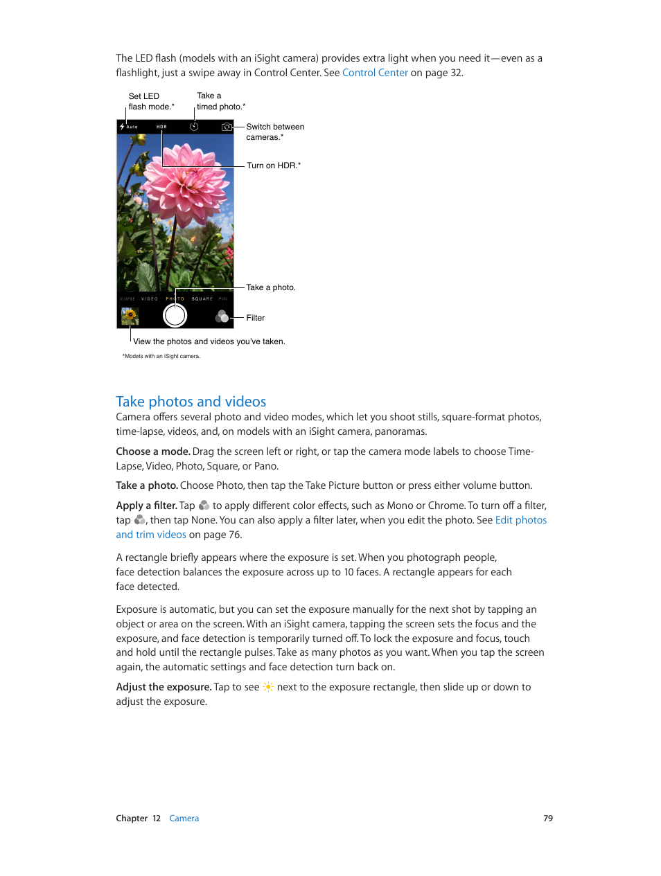 Take photos and videos, 79 take photos and videos, Take photos and | Videos | Apple iPod touch iOS 8.1 User Manual | Page 79 / 160