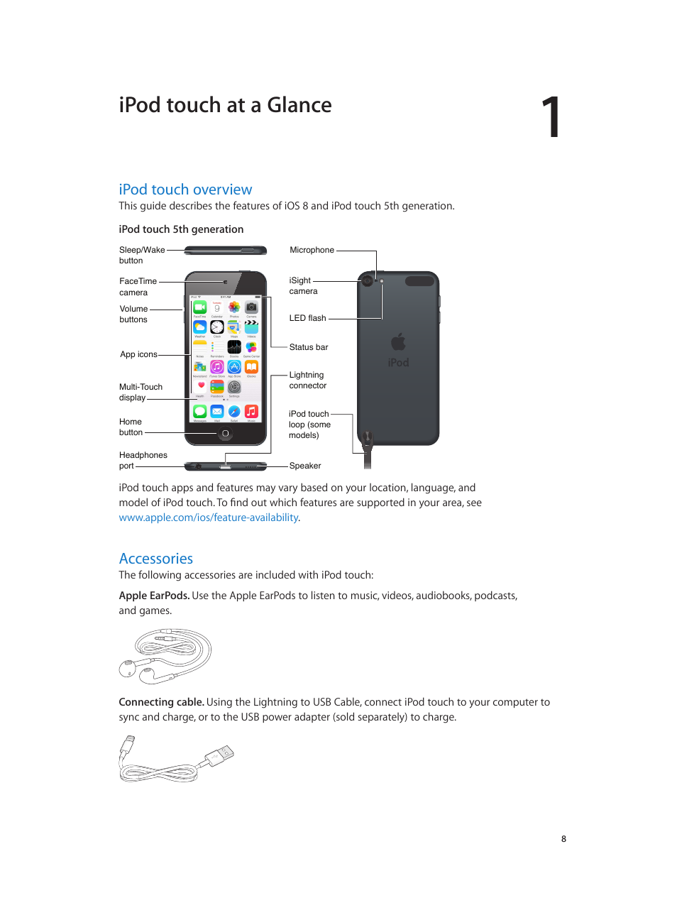 Chapter 1: ipod touch at a glance, Ipod touch overview, Accessories | Ipod touch at a glance | Apple iPod touch iOS 8.1 User Manual | Page 8 / 160