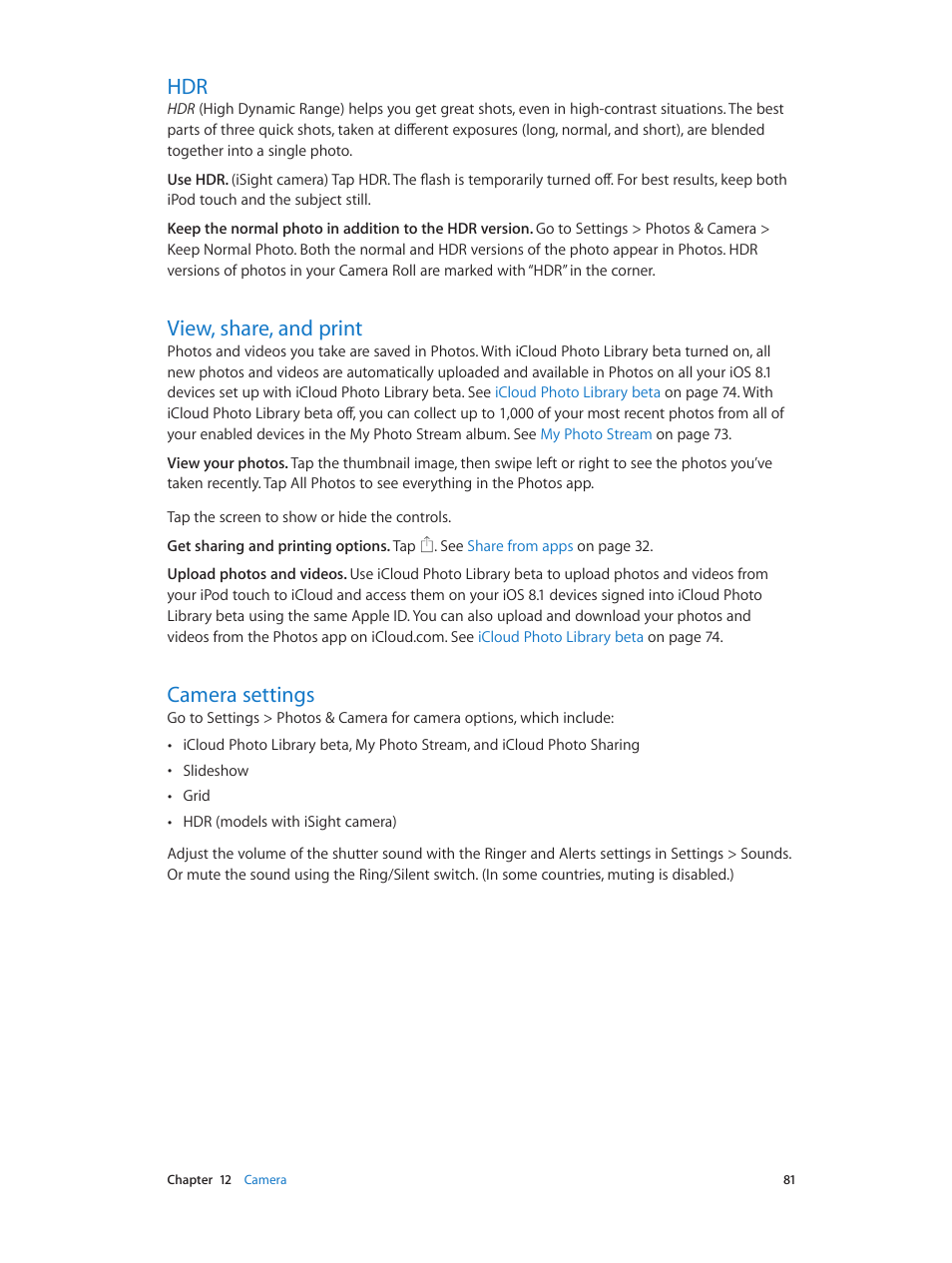 View, share, and print, Camera settings | Apple iPod touch iOS 8.1 User Manual | Page 81 / 160