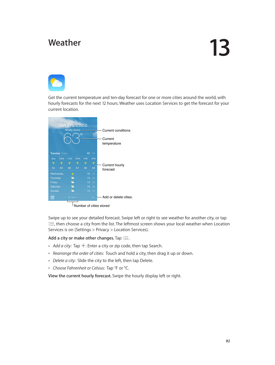 Chapter 13: weather, Weather | Apple iPod touch iOS 8.1 User Manual | Page 82 / 160