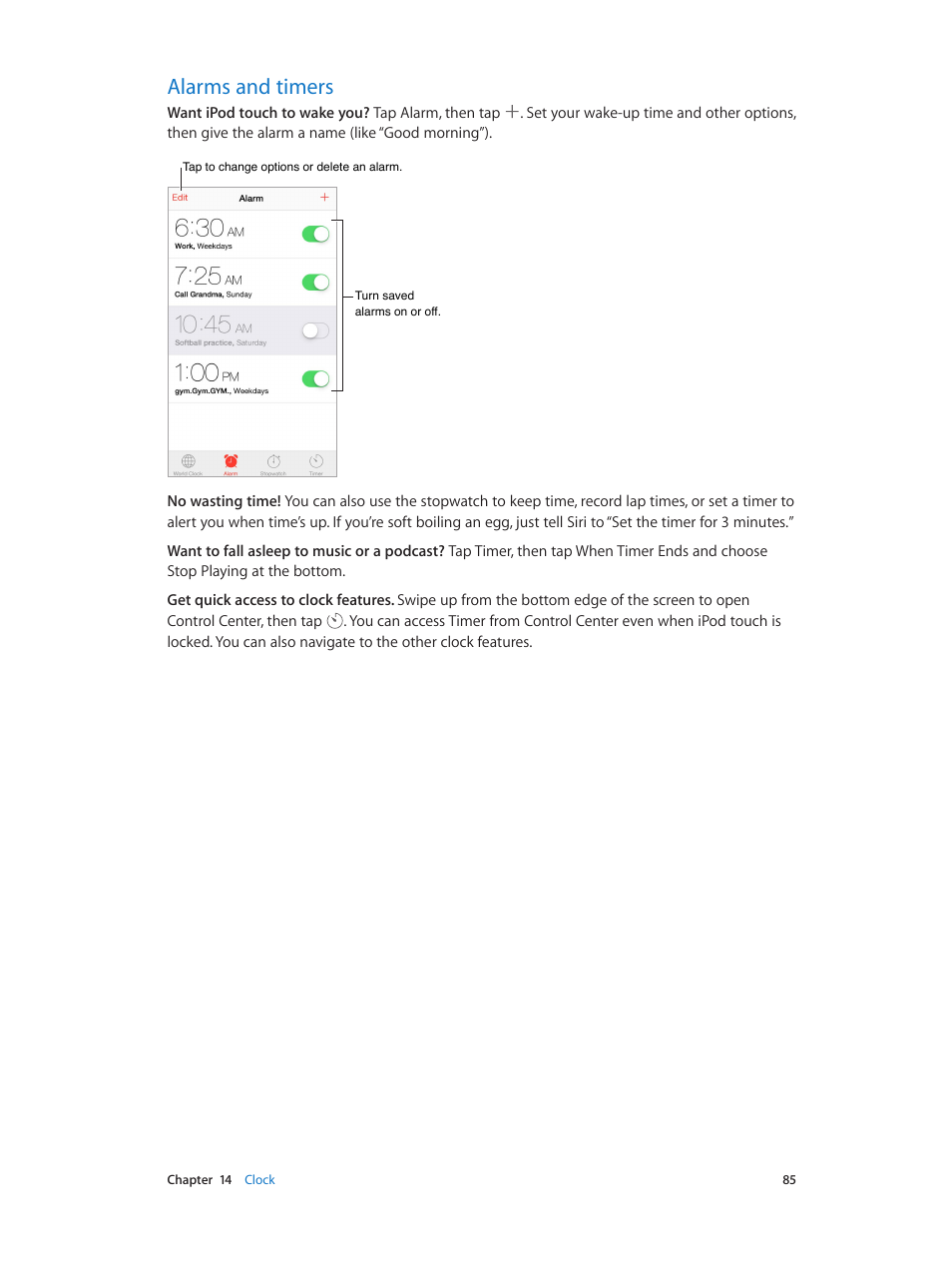 Alarms and timers, 85 alarms and timers | Apple iPod touch iOS 8.1 User Manual | Page 85 / 160
