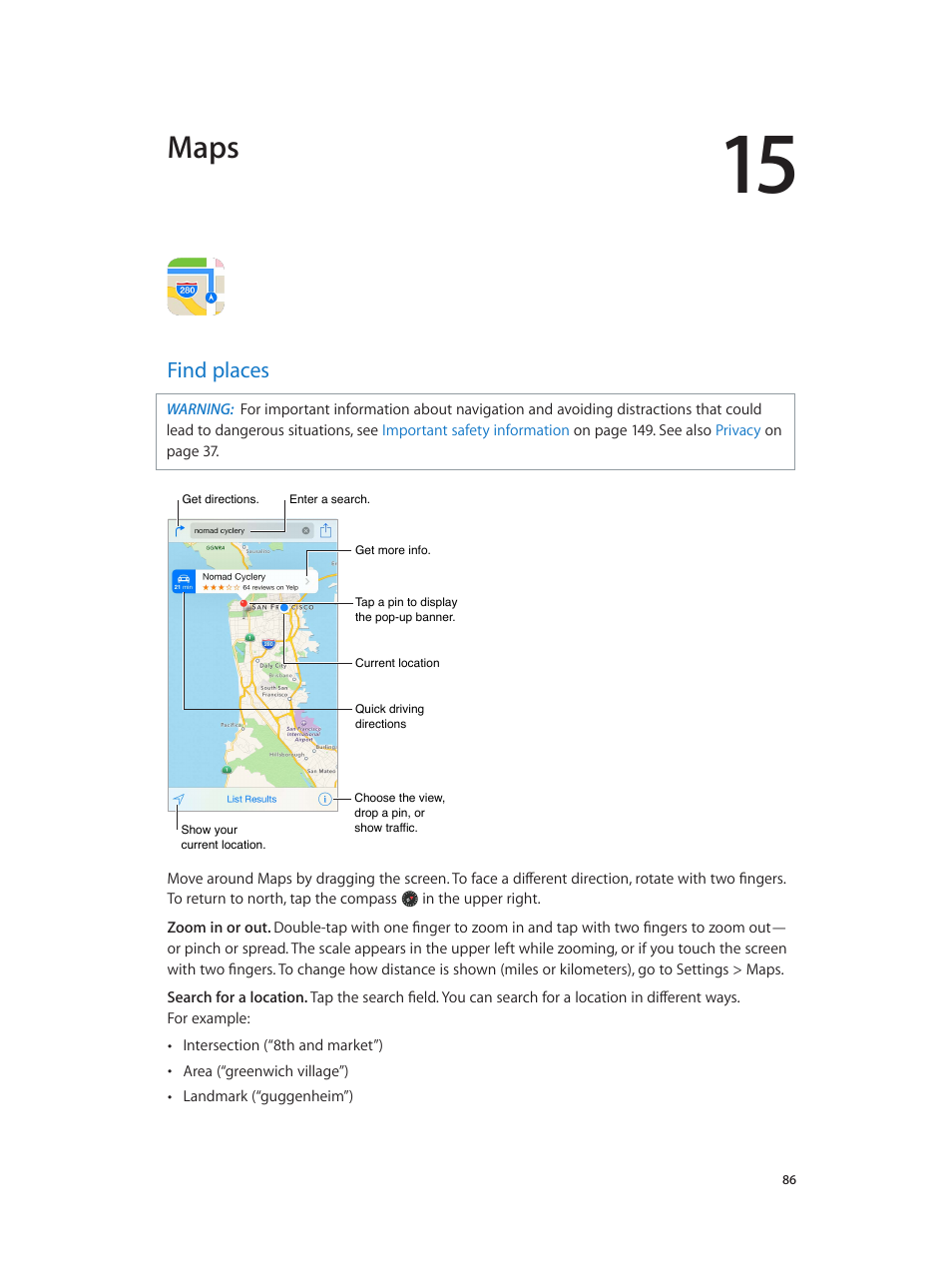 Chapter 15: maps, Find places, 86 find places | Maps | Apple iPod touch iOS 8.1 User Manual | Page 86 / 160