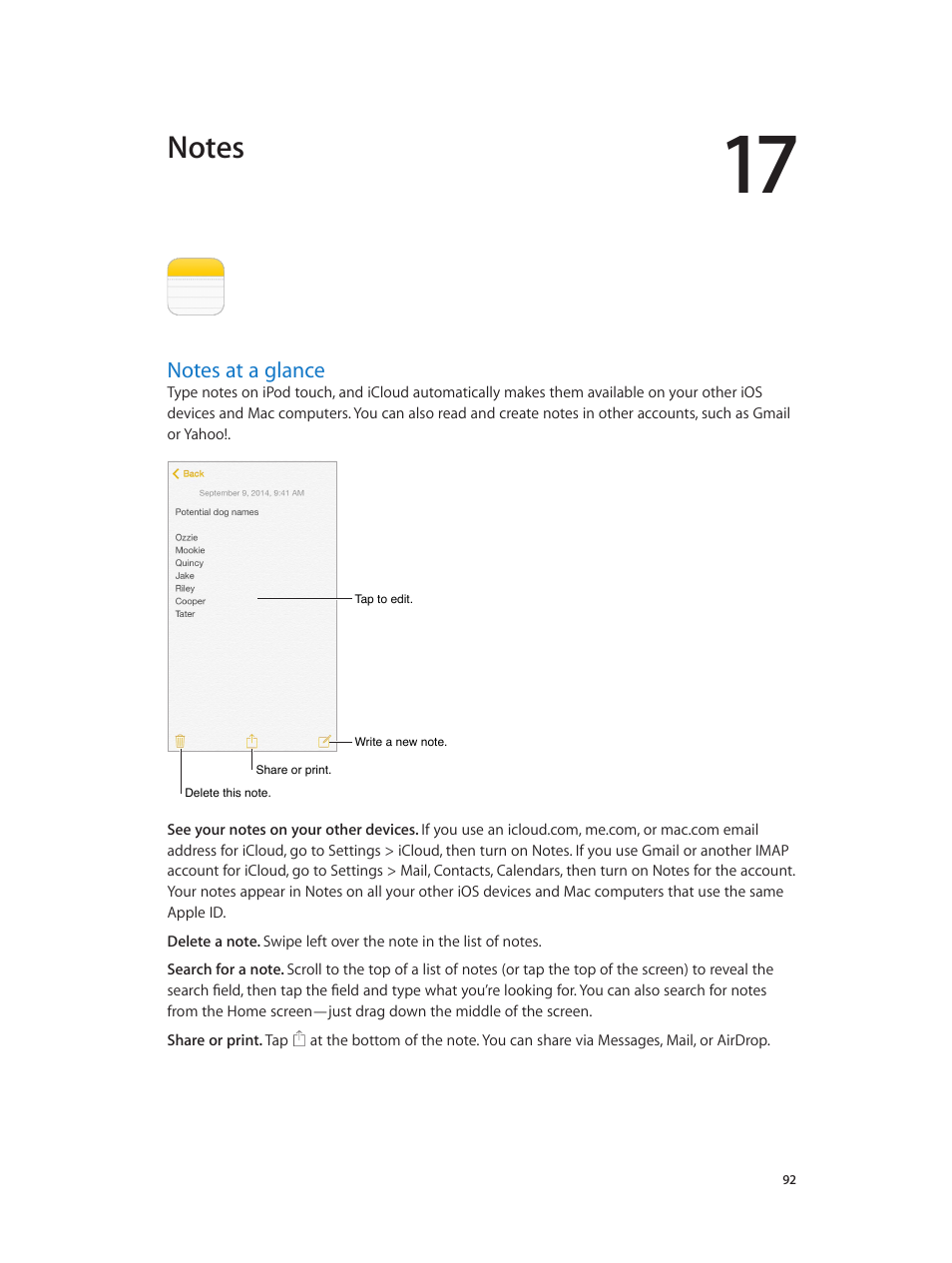 Chapter 17: notes, Notes at a glance, 92 notes at a glance | Apple iPod touch iOS 8.1 User Manual | Page 92 / 160