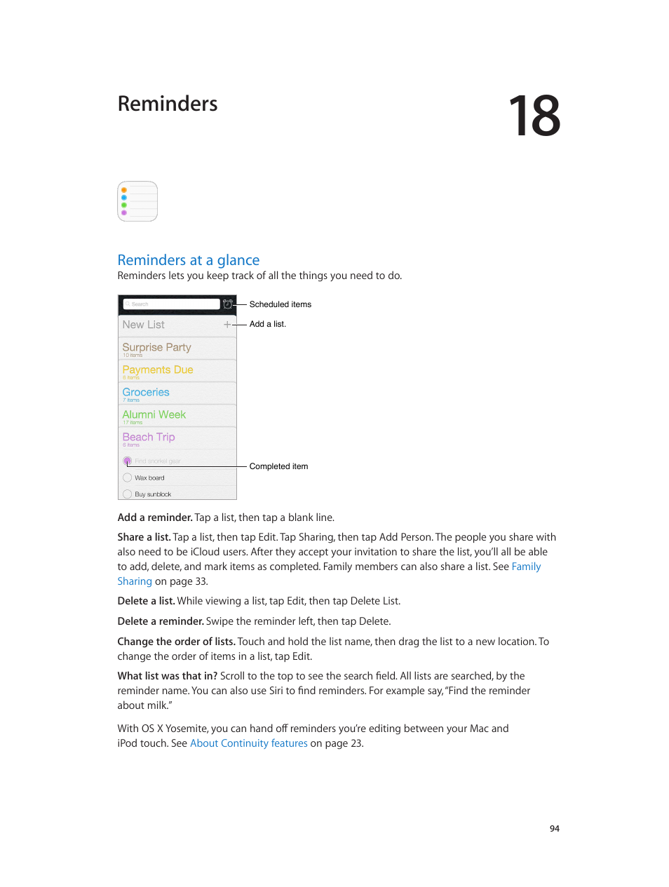 Chapter 18: reminders, Reminders at a glance, 94 reminders at a glance | Reminders at a, Glance, Reminders | Apple iPod touch iOS 8.1 User Manual | Page 94 / 160