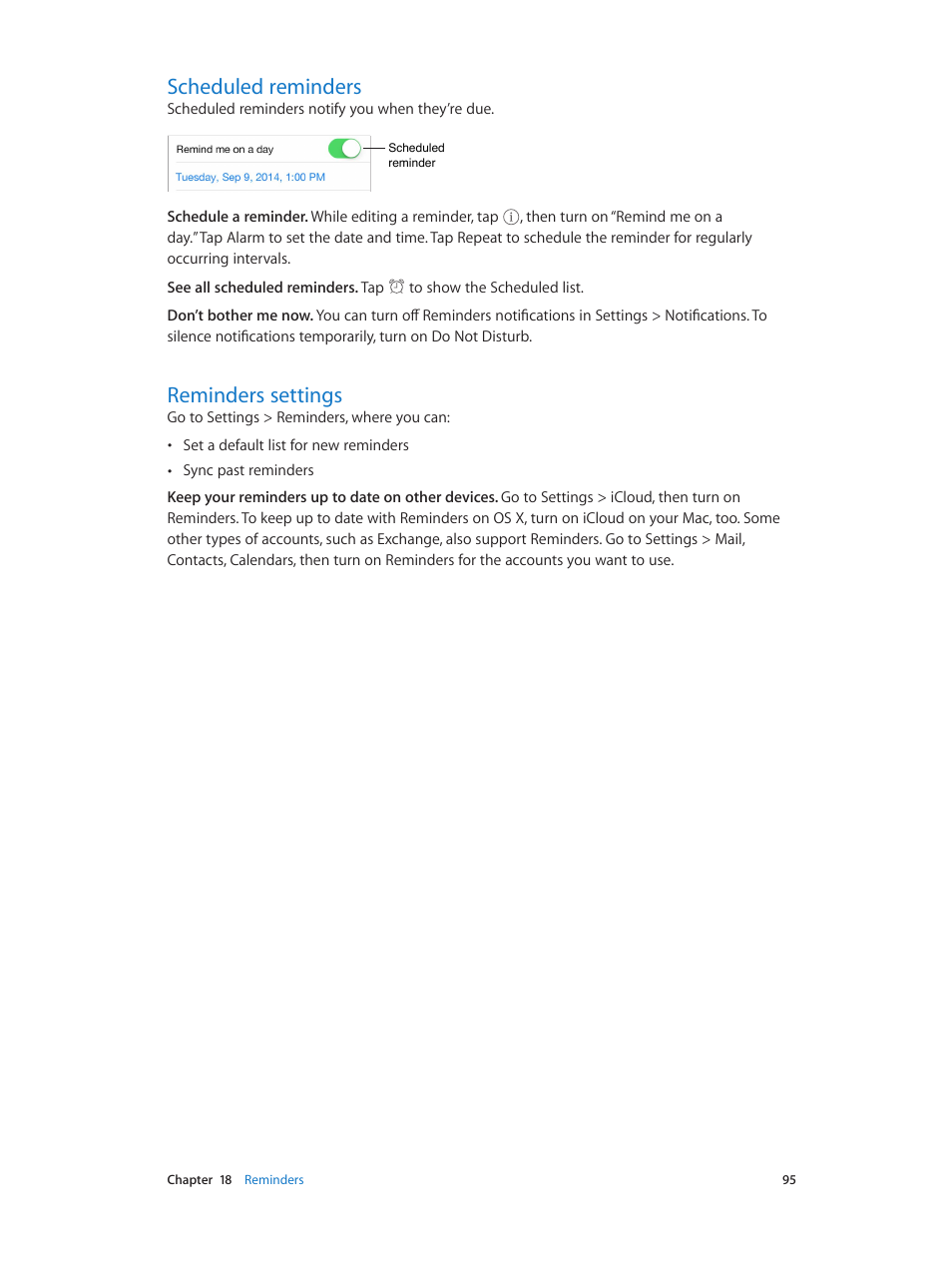 Scheduled reminders, Reminders settings, 95 scheduled reminders 95 reminders settings | Apple iPod touch iOS 8.1 User Manual | Page 95 / 160