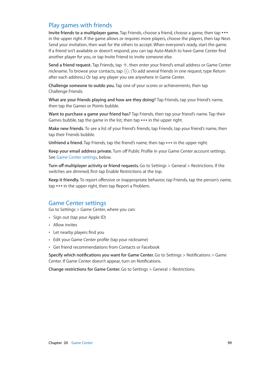 Play games with friends, Game center settings, 99 play games with friends 99 game center settings | Apple iPod touch iOS 8.1 User Manual | Page 99 / 160