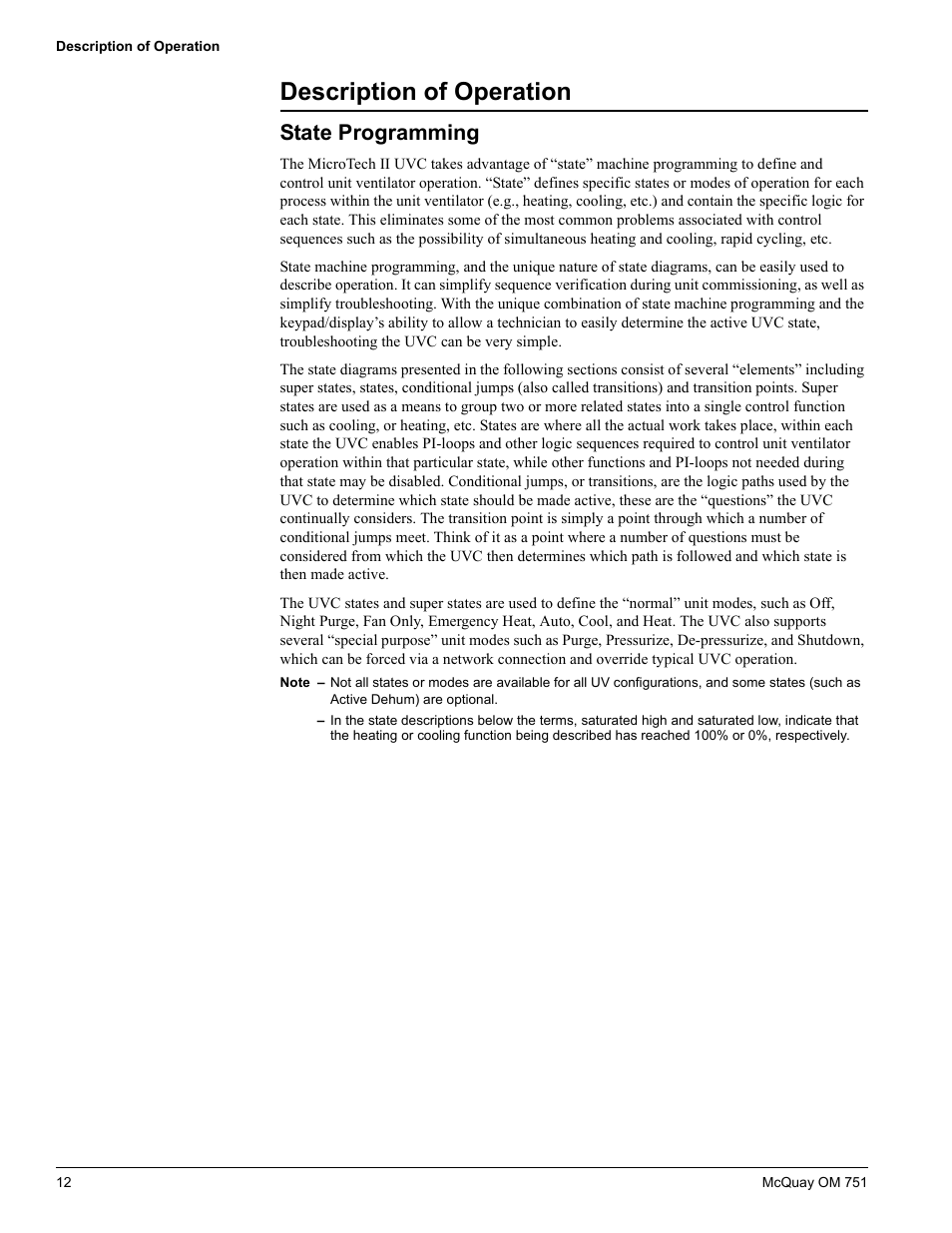 Description of operation, State programming | American Standard UV05 User Manual | Page 12 / 50