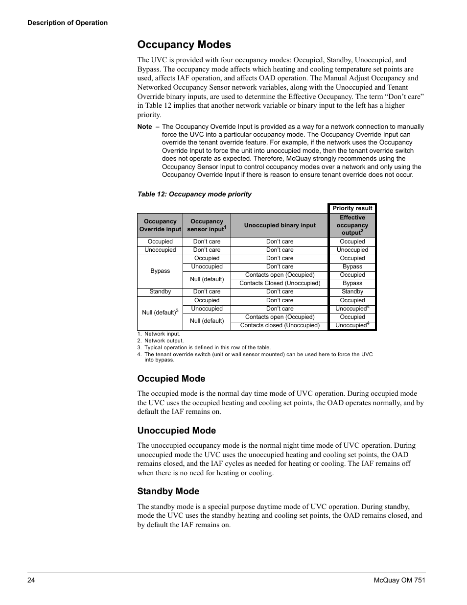 Occupancy modes, Occupied mode, Unoccupied mode | Standby mode, Occupied mode unoccupied mode standby mode | American Standard UV05 User Manual | Page 24 / 50