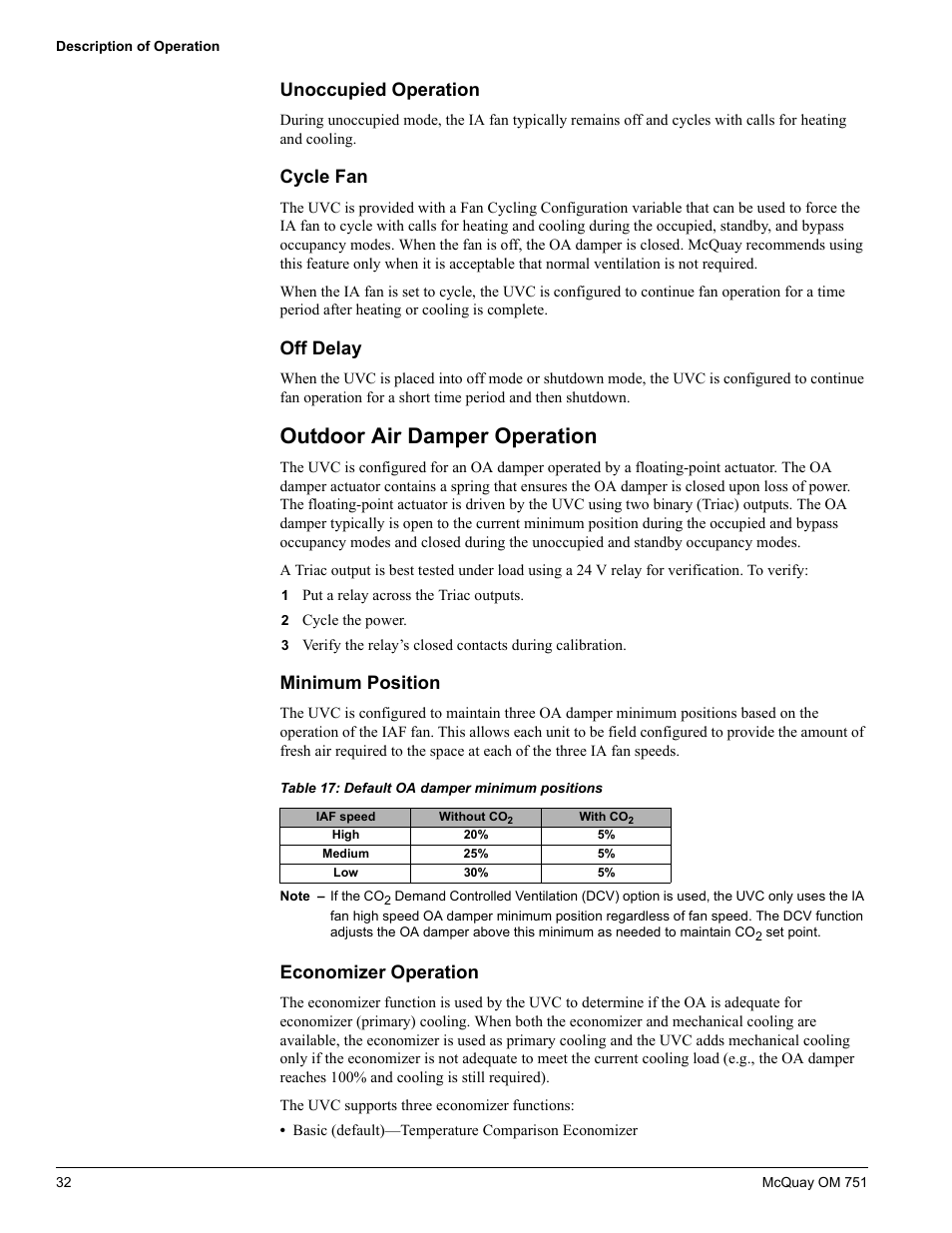 Unoccupied operation, Cycle fan, Off delay | Outdoor air damper operation, Minimum position, Economizer operation, Cycle fan off delay, Minimum position economizer operation | American Standard UV05 User Manual | Page 32 / 50