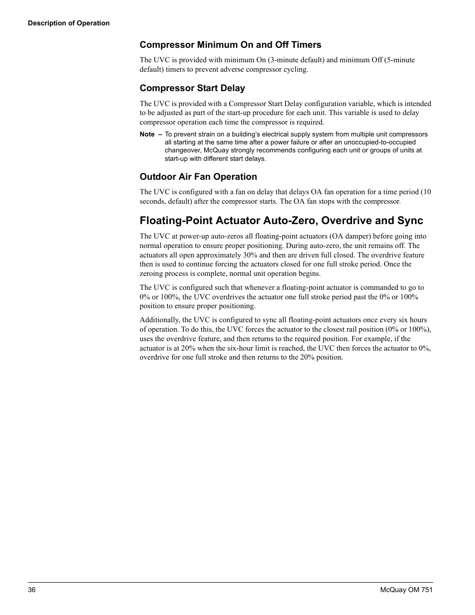 Compressor minimum on and off timers, Compressor start delay, Outdoor air fan operation | American Standard UV05 User Manual | Page 36 / 50