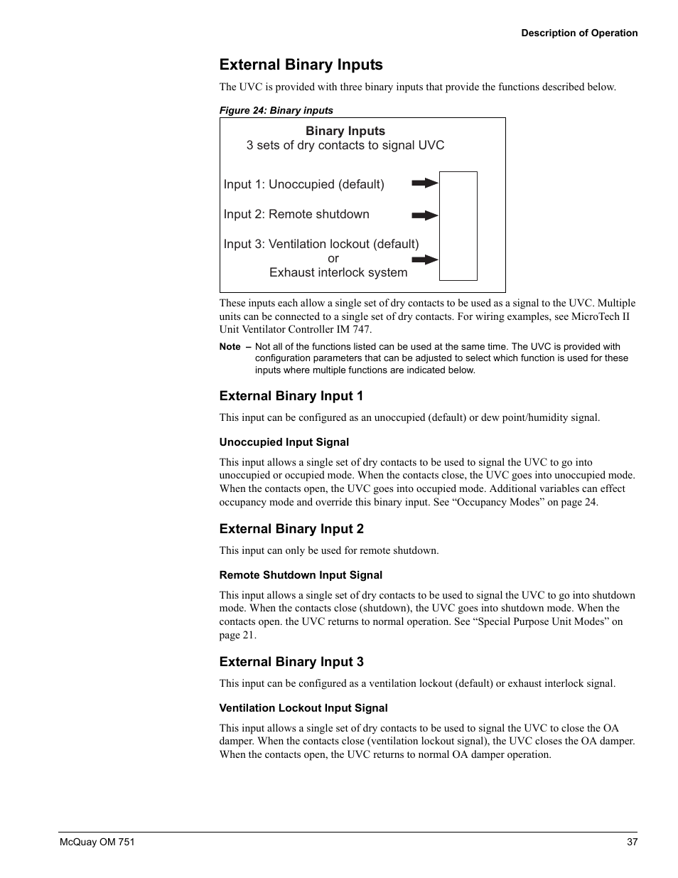 External binary inputs, External binary input 1, External binary input 2 | External binary input 3 | American Standard UV05 User Manual | Page 37 / 50