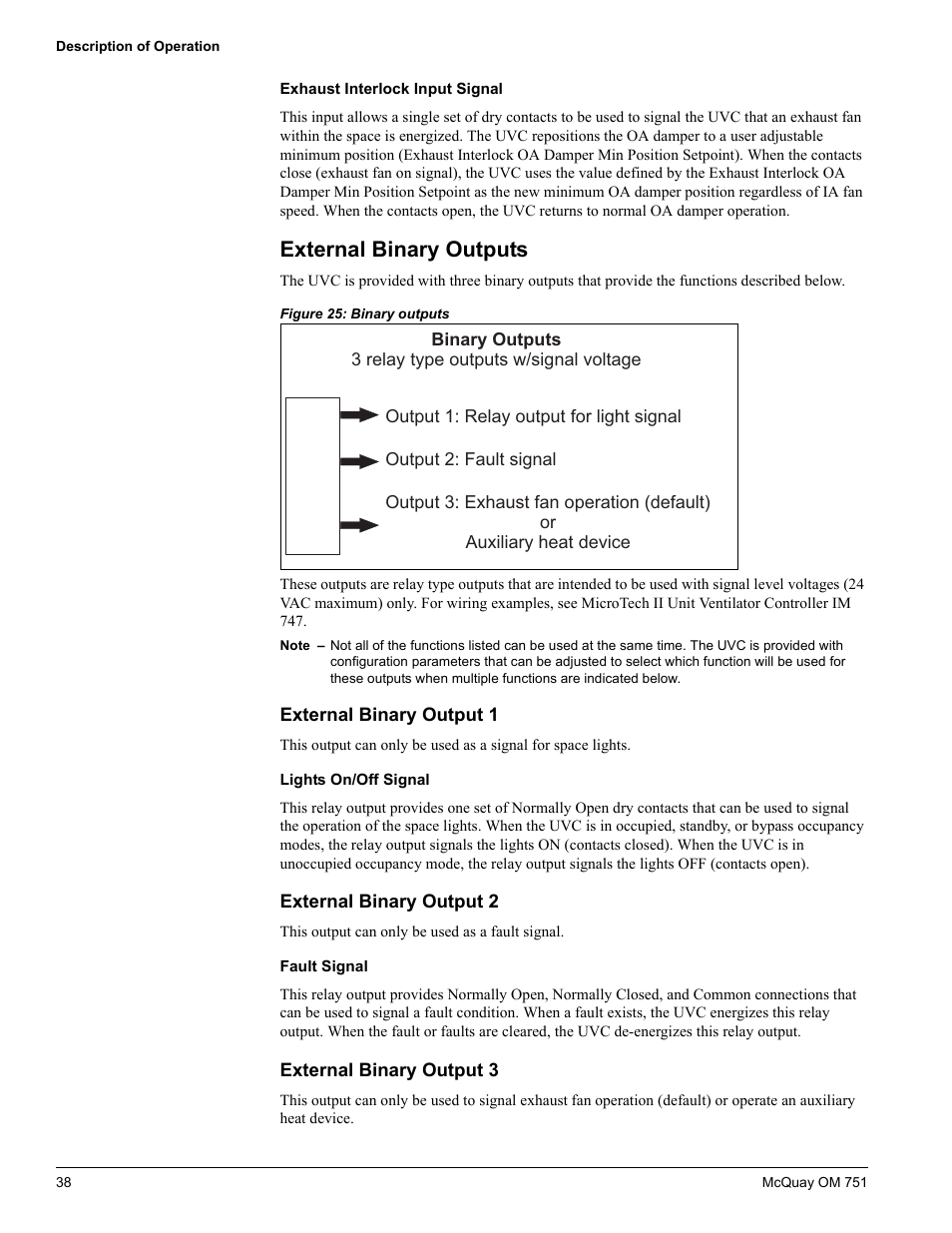 External binary outputs, External binary output 1, External binary output 2 | External binary output 3 | American Standard UV05 User Manual | Page 38 / 50