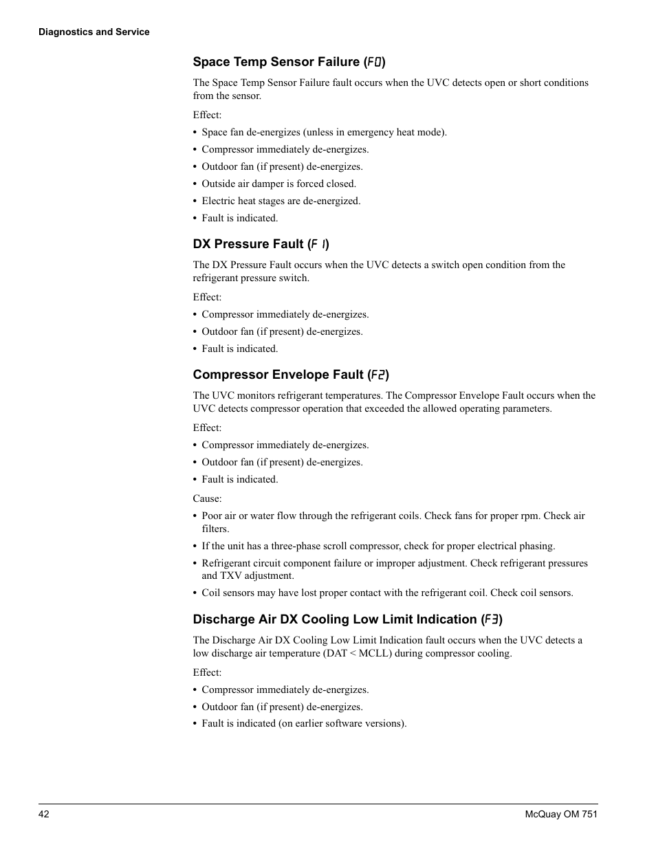 Space temp sensor failure (f0), Dx pressure fault (f1), Compressor envelope fault (f2) | Discharge air dx cooling low limit indication (f3), Space temp sensor failure (f0, Dx pressure fault, Compressor envelope fault, Discharge air dx cooling low limit indication (f3 | American Standard UV05 User Manual | Page 42 / 50