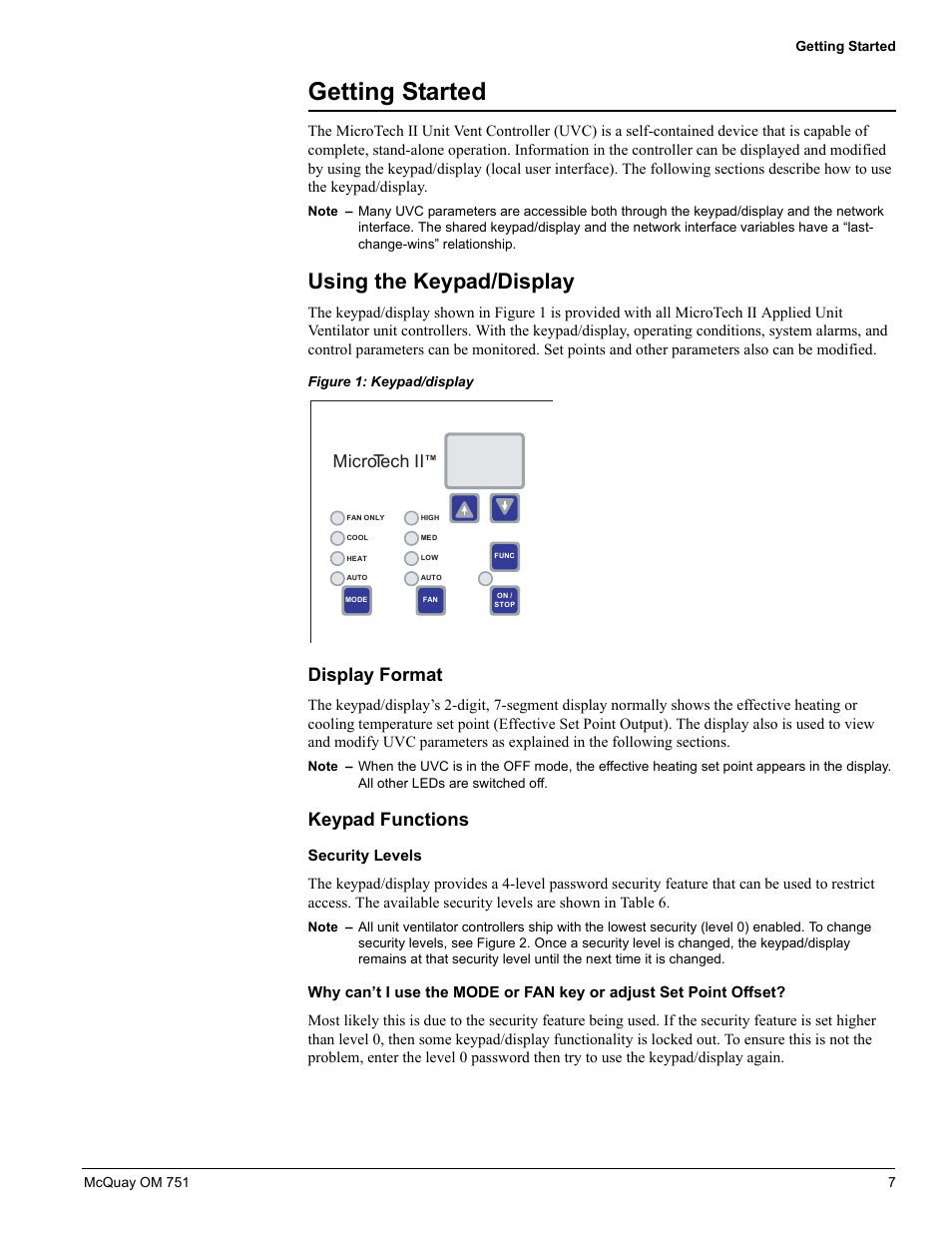 Getting started, Using the keypad/display, Display format | Keypad functions, Display format keypad functions, Microtech | American Standard UV05 User Manual | Page 7 / 50