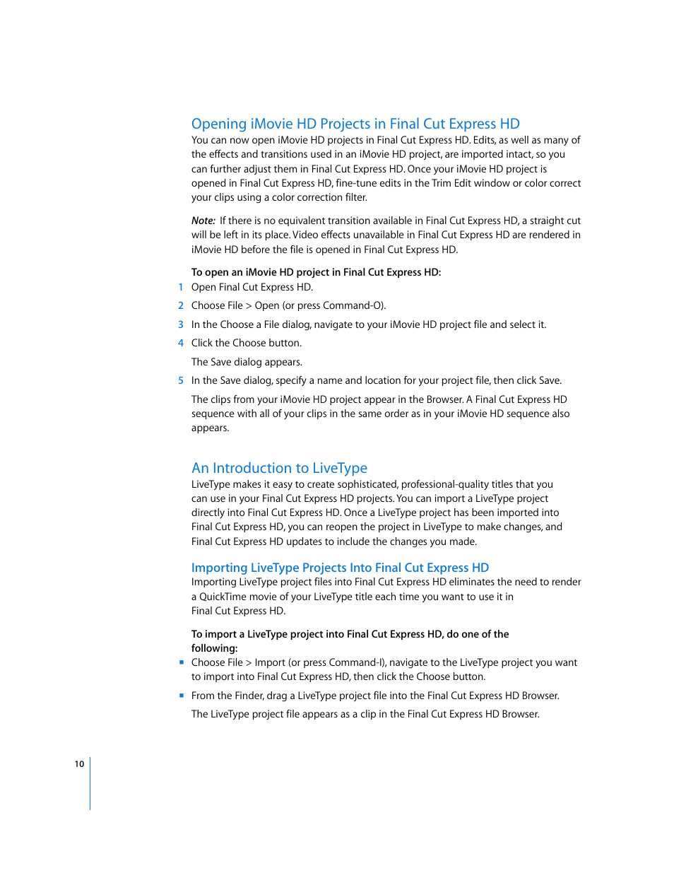 Opening imovie hd projects in final cut express hd, An introduction to livetype | Apple Final Cut Express HD: New Features User Manual | Page 10 / 16