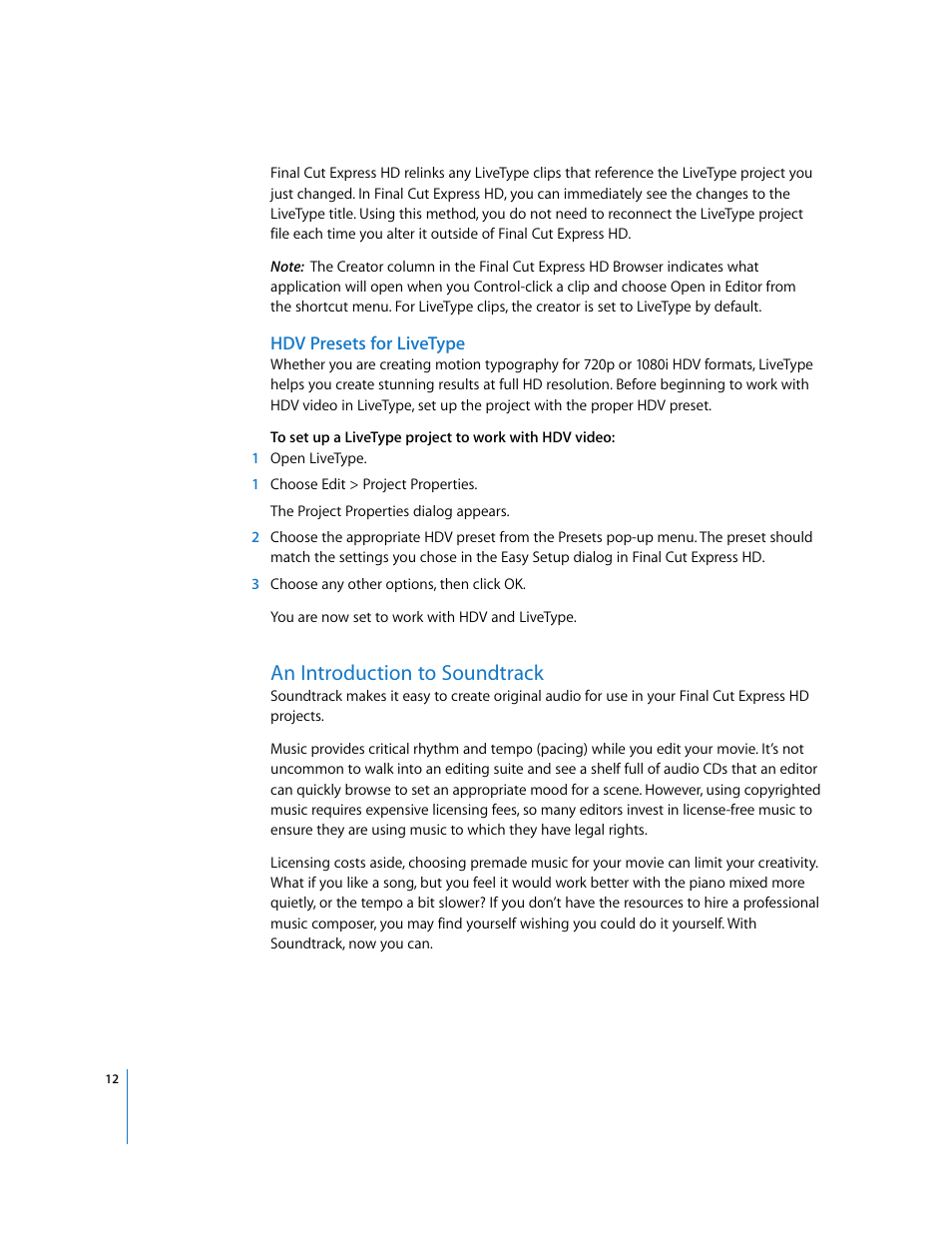 Hdv presets for livetype, An introduction to soundtrack | Apple Final Cut Express HD: New Features User Manual | Page 12 / 16