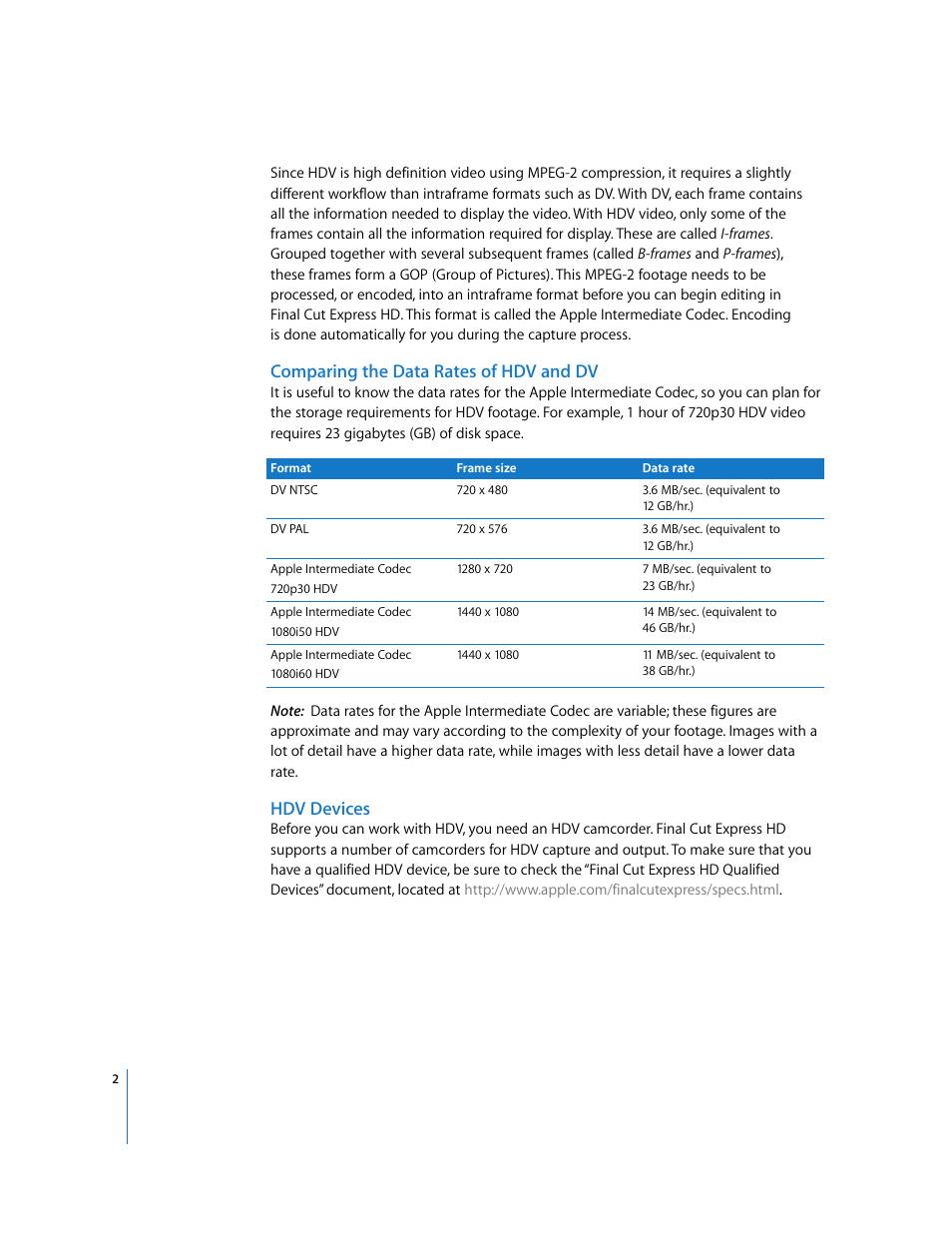 Comparing the data rates of hdv and dv, Hdv devices | Apple Final Cut Express HD: New Features User Manual | Page 2 / 16