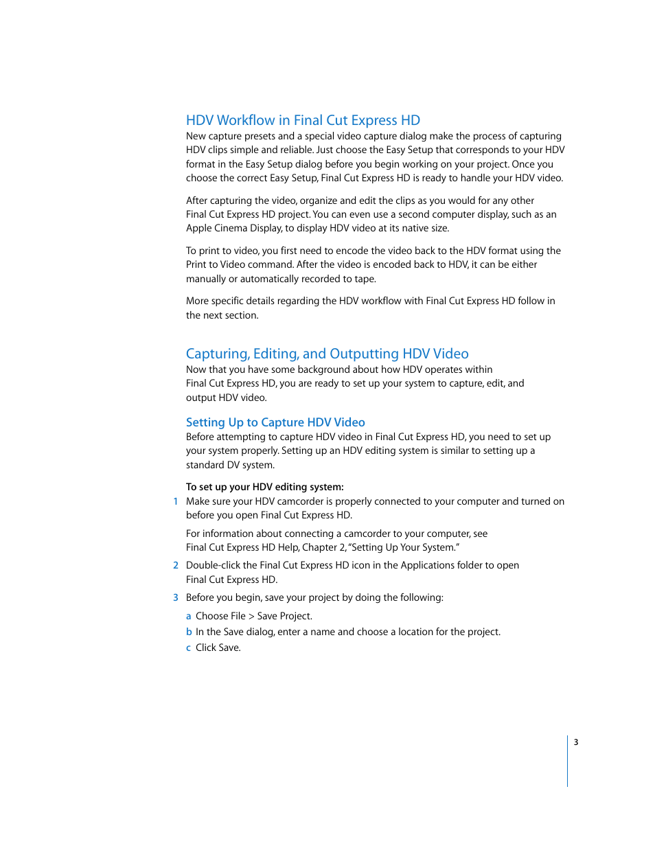 Hdv workflow in final cut express hd, Capturing, editing, and outputting hdv video, Setting up to capture hdv video | Apple Final Cut Express HD: New Features User Manual | Page 3 / 16