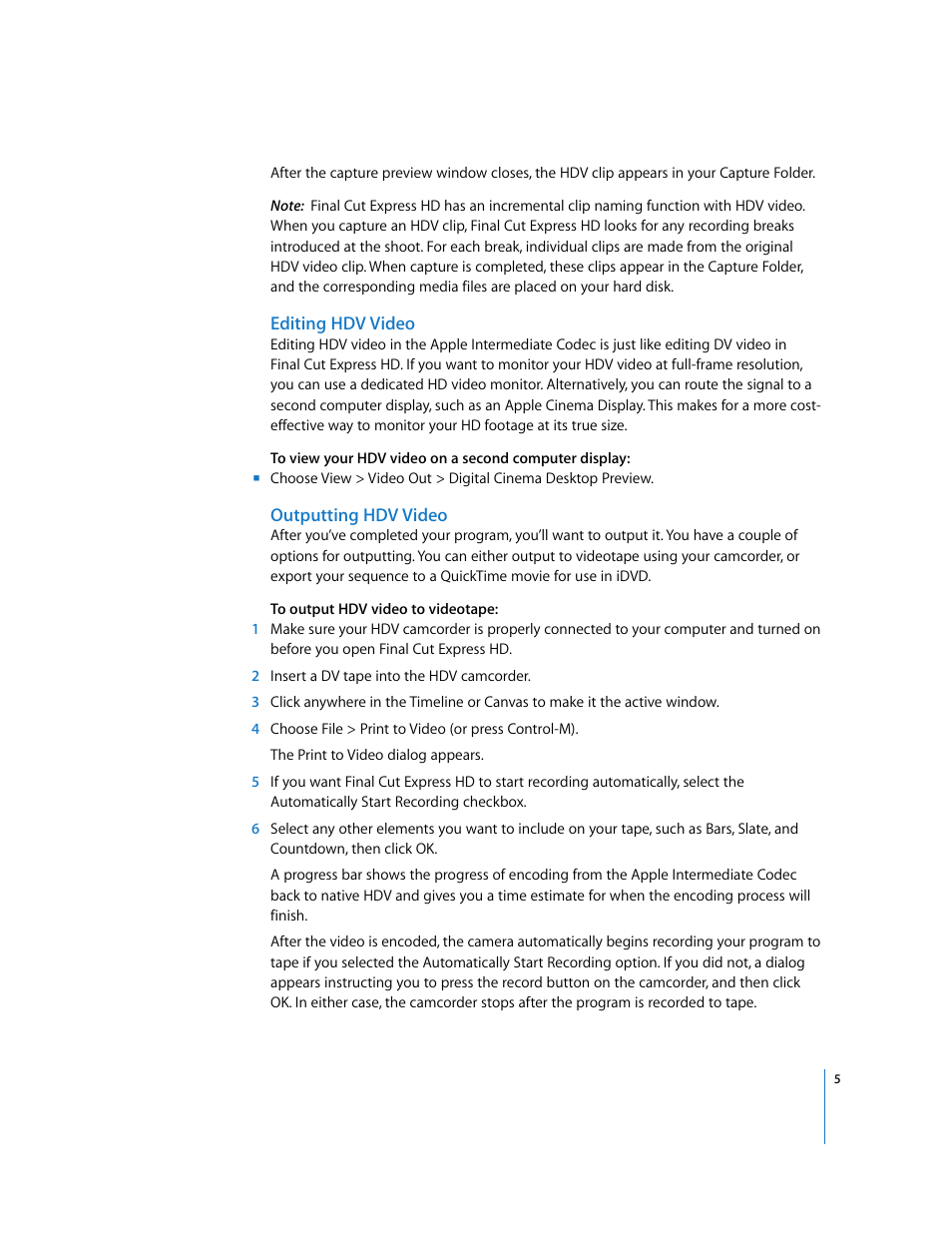 Editing hdv video, Outputting hdv video | Apple Final Cut Express HD: New Features User Manual | Page 5 / 16