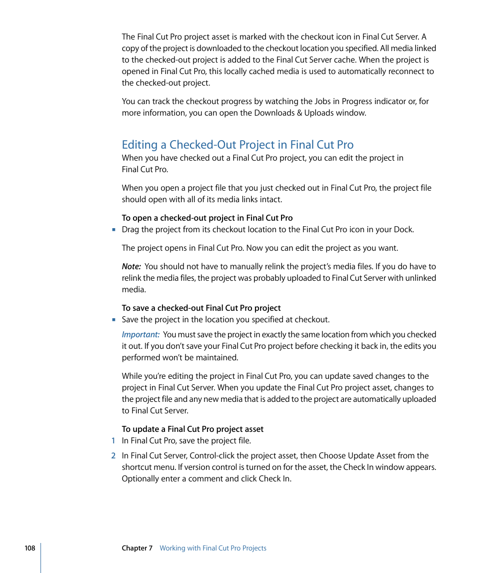 Editing a checked-out project in final cut pro | Apple Final Cut Server 1.5 User Manual | Page 108 / 148
