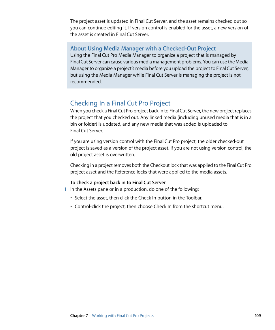 Checking in a final cut pro project | Apple Final Cut Server 1.5 User Manual | Page 109 / 148