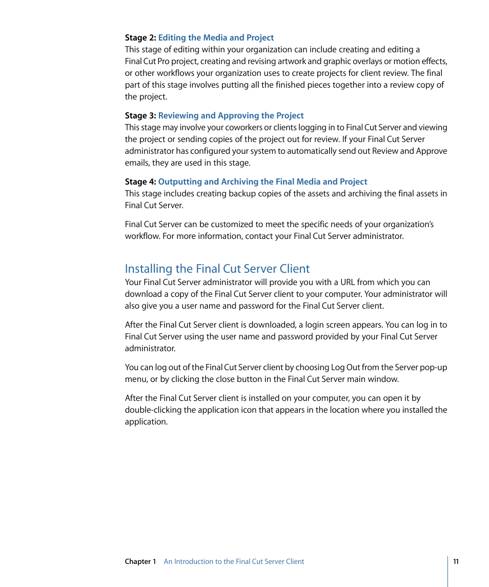 Installing the final cut server client | Apple Final Cut Server 1.5 User Manual | Page 11 / 148