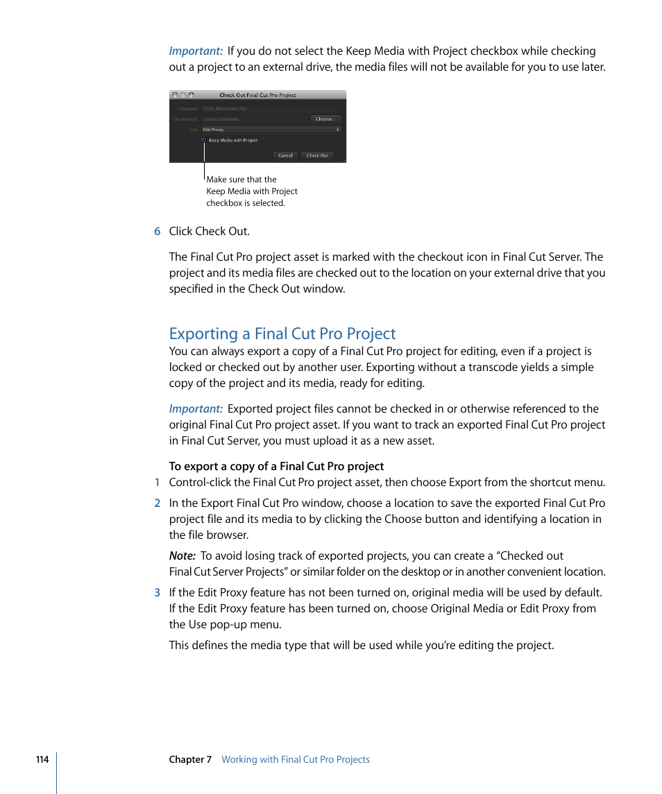 Exporting a final cut pro project | Apple Final Cut Server 1.5 User Manual | Page 114 / 148