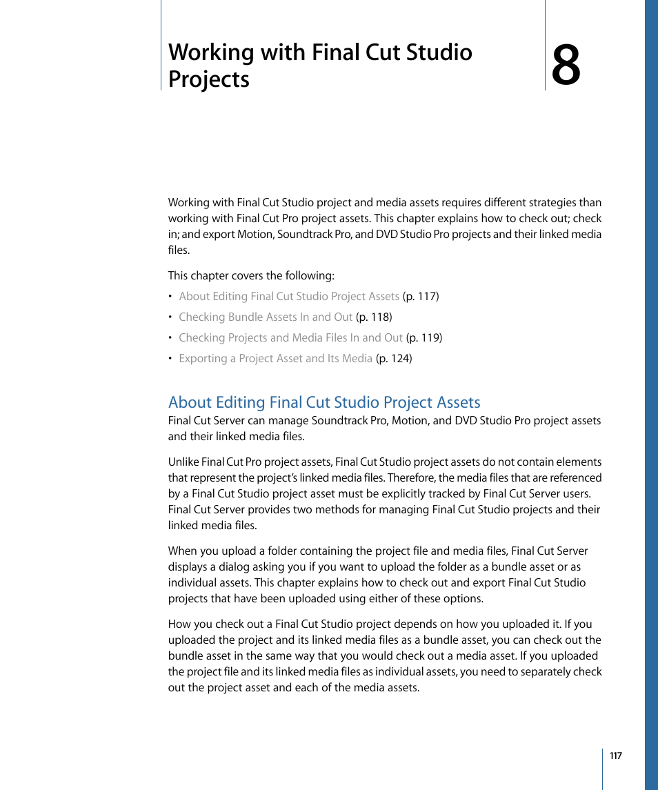 Working with final cut studio projects, About editing final cut studio project assets, Working with | Final cut studio projects | Apple Final Cut Server 1.5 User Manual | Page 117 / 148