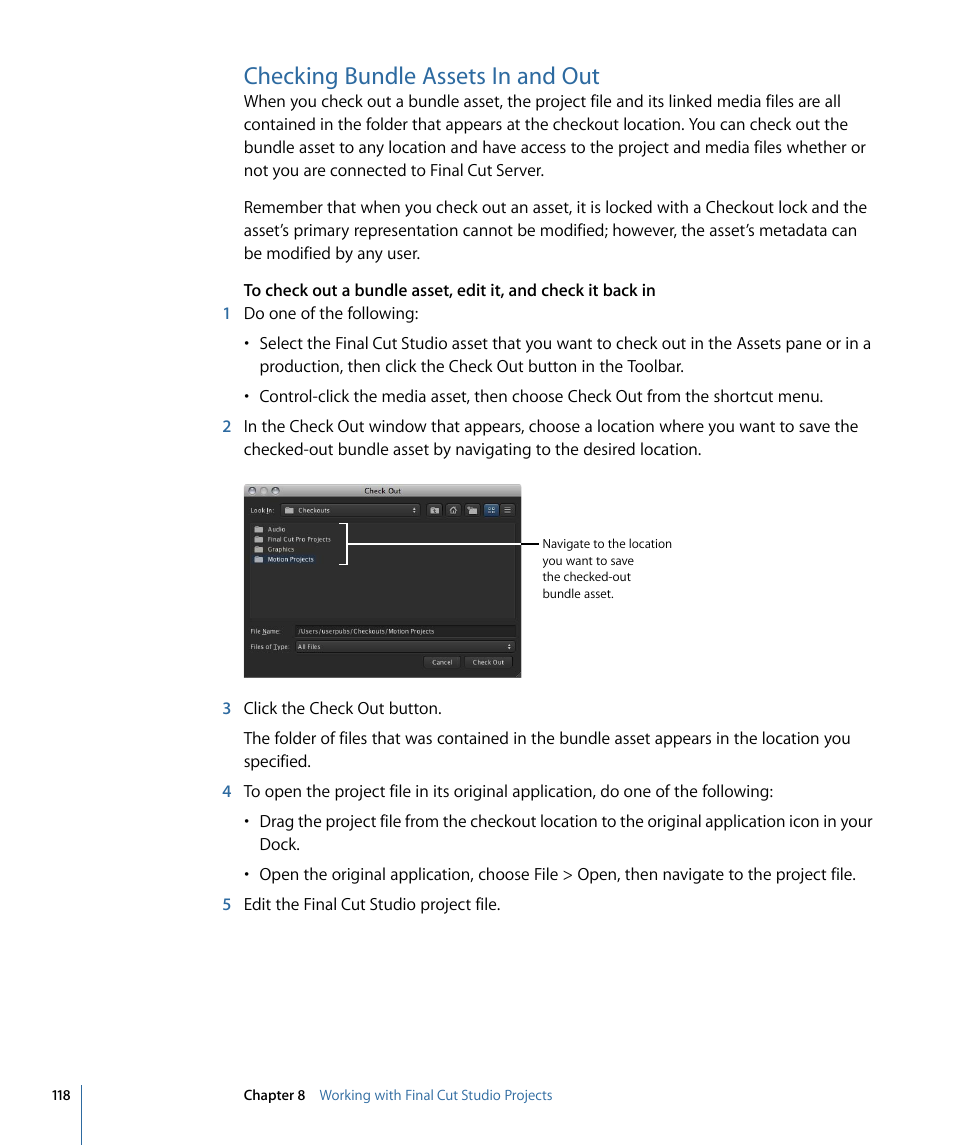 Checking bundle assets in and out | Apple Final Cut Server 1.5 User Manual | Page 118 / 148