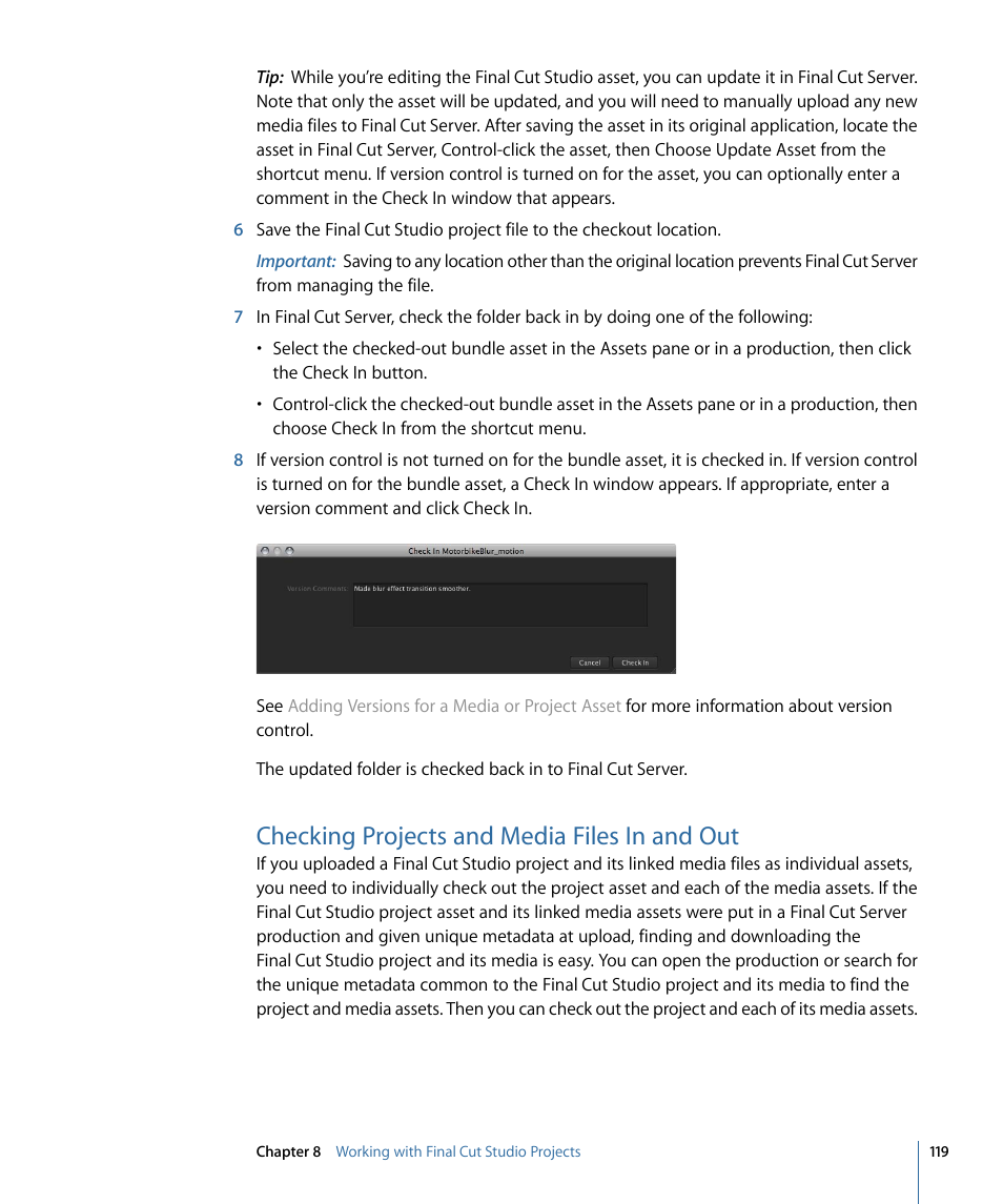 Checking projects and media files in and out | Apple Final Cut Server 1.5 User Manual | Page 119 / 148