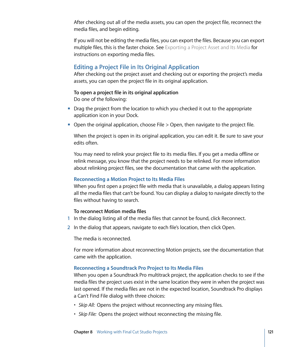 Editing a project file in its original application, Reconnecting a motion project to its media files | Apple Final Cut Server 1.5 User Manual | Page 121 / 148