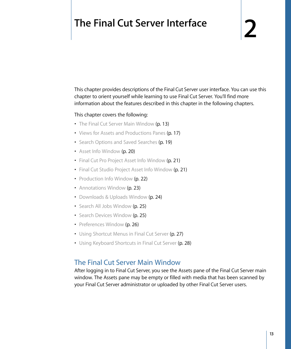 The final cut server interface, The final cut server main window | Apple Final Cut Server 1.5 User Manual | Page 13 / 148