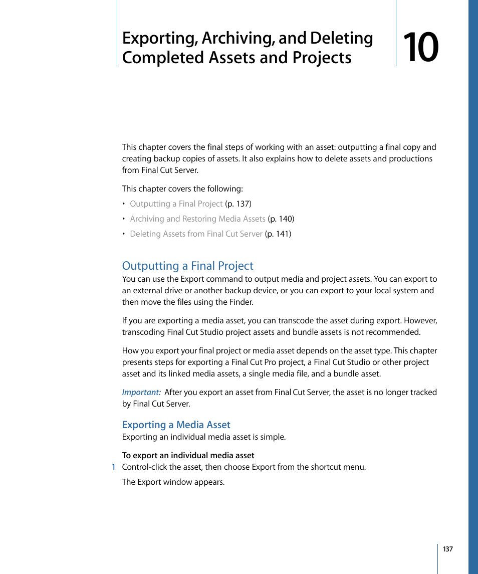 Outputting a final project, Exporting a media asset | Apple Final Cut Server 1.5 User Manual | Page 137 / 148