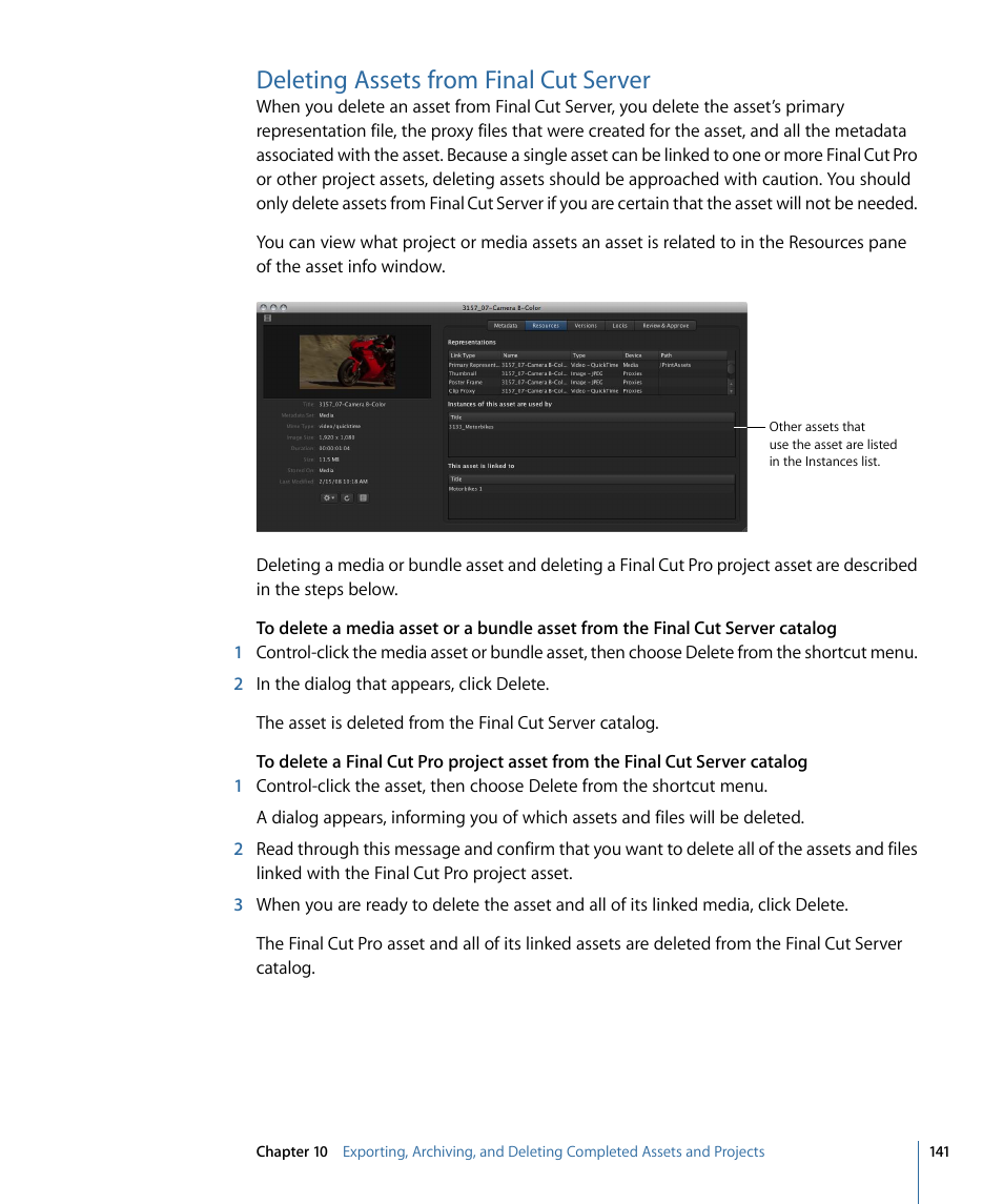 Deleting assets from final cut server | Apple Final Cut Server 1.5 User Manual | Page 141 / 148