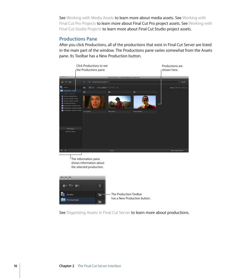 Productions pane | Apple Final Cut Server 1.5 User Manual | Page 16 / 148