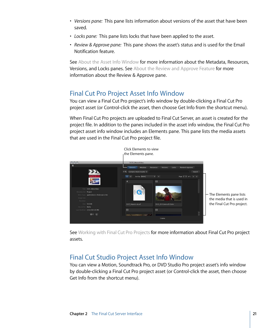 Final cut pro project asset info window, Final cut studio project asset info window | Apple Final Cut Server 1.5 User Manual | Page 21 / 148