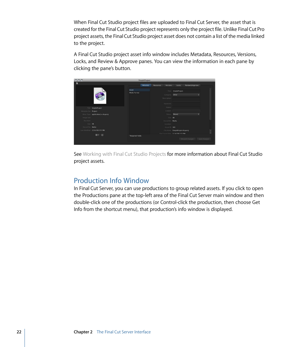 Production info window | Apple Final Cut Server 1.5 User Manual | Page 22 / 148