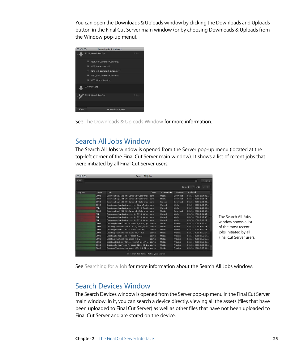 Search all jobs window, Search devices window | Apple Final Cut Server 1.5 User Manual | Page 25 / 148