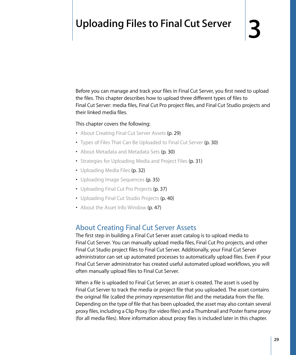 Uploading files to final cut server, About creating final cut server assets | Apple Final Cut Server 1.5 User Manual | Page 29 / 148