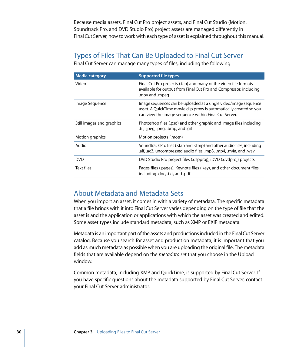 About metadata and metadata sets | Apple Final Cut Server 1.5 User Manual | Page 30 / 148