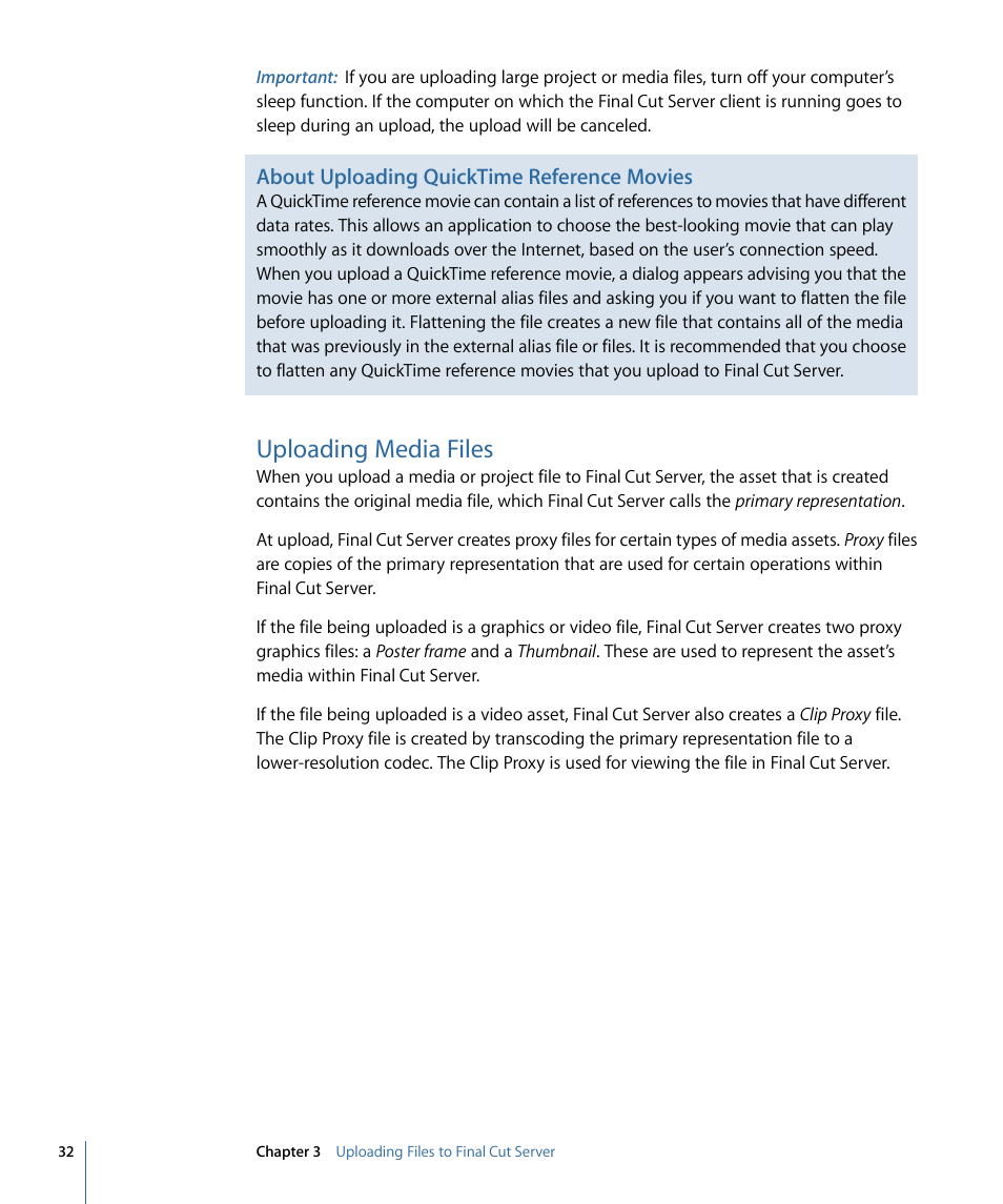 Uploading media files, About uploading quicktime reference movies | Apple Final Cut Server 1.5 User Manual | Page 32 / 148