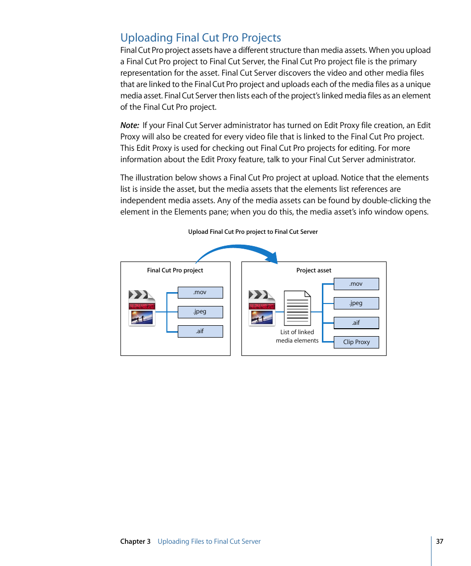 Uploading final cut pro projects | Apple Final Cut Server 1.5 User Manual | Page 37 / 148