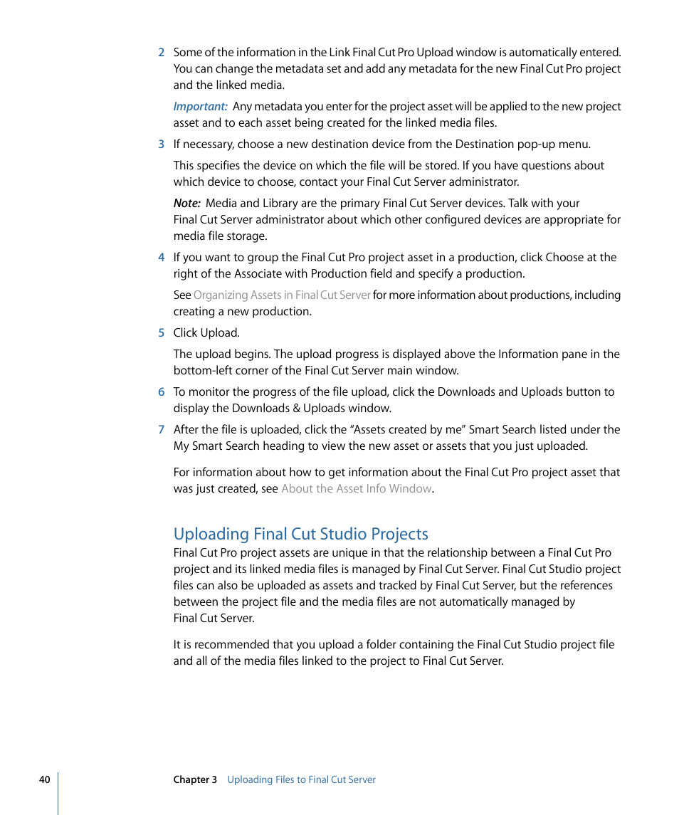 Uploading final cut studio projects | Apple Final Cut Server 1.5 User Manual | Page 40 / 148