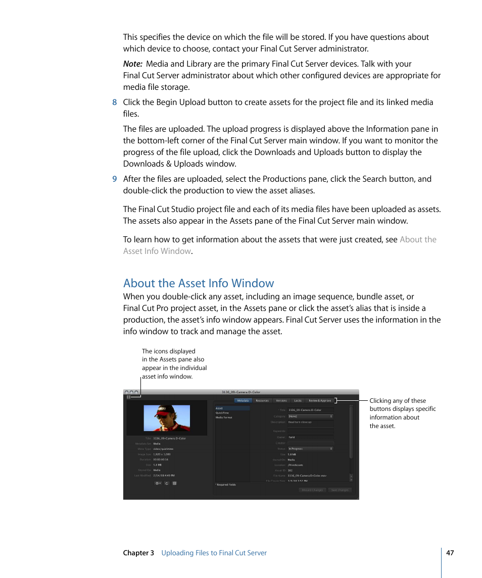 About the asset info window | Apple Final Cut Server 1.5 User Manual | Page 47 / 148