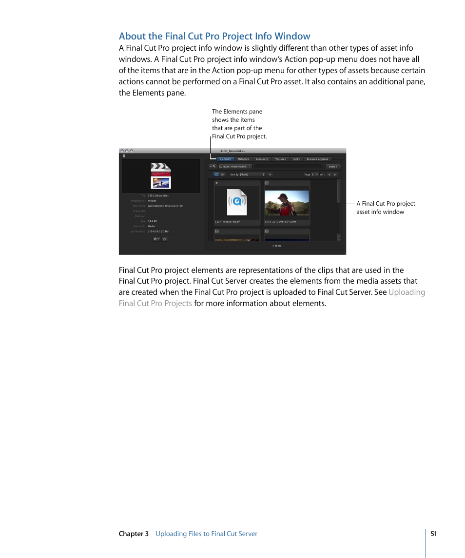 About the final cut pro project info window | Apple Final Cut Server 1.5 User Manual | Page 51 / 148
