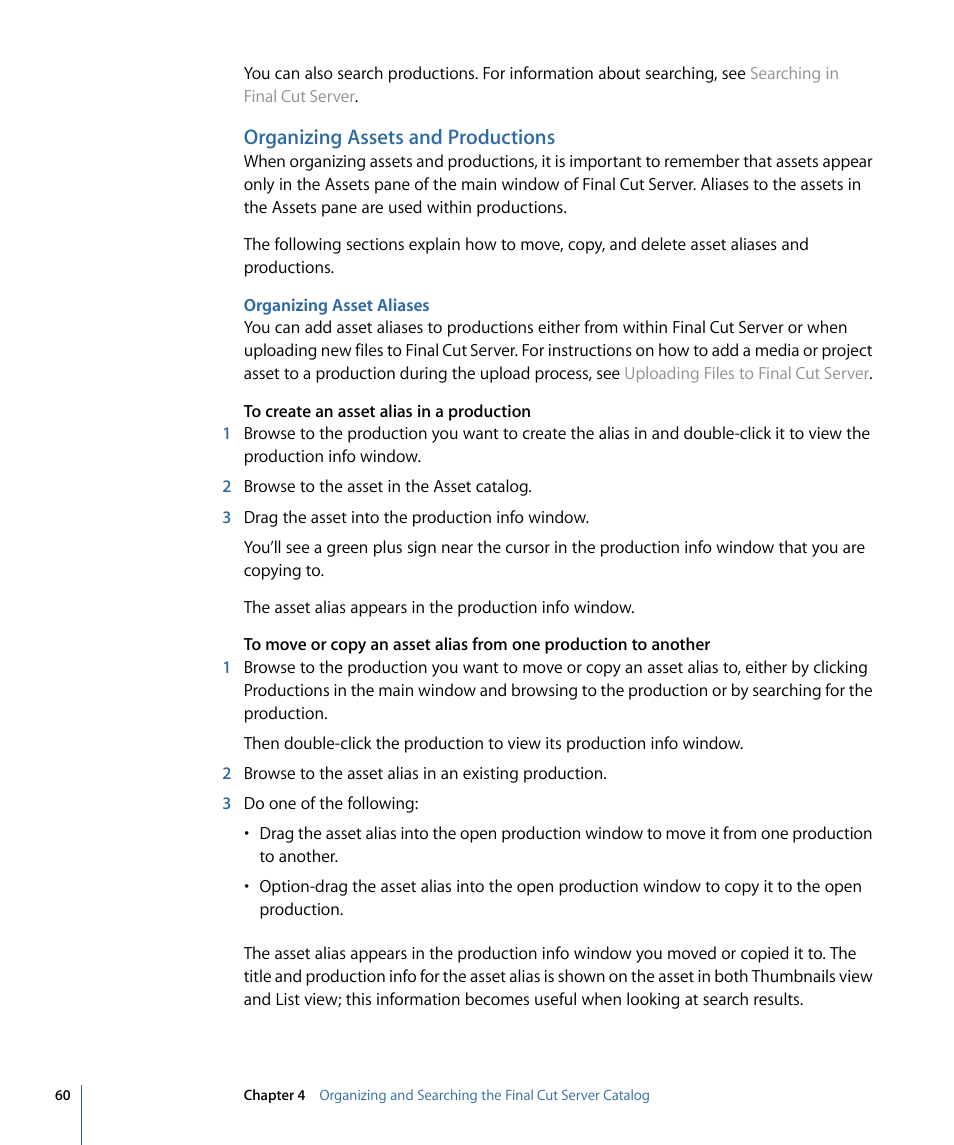 Organizing assets and productions, Organizing asset aliases | Apple Final Cut Server 1.5 User Manual | Page 60 / 148