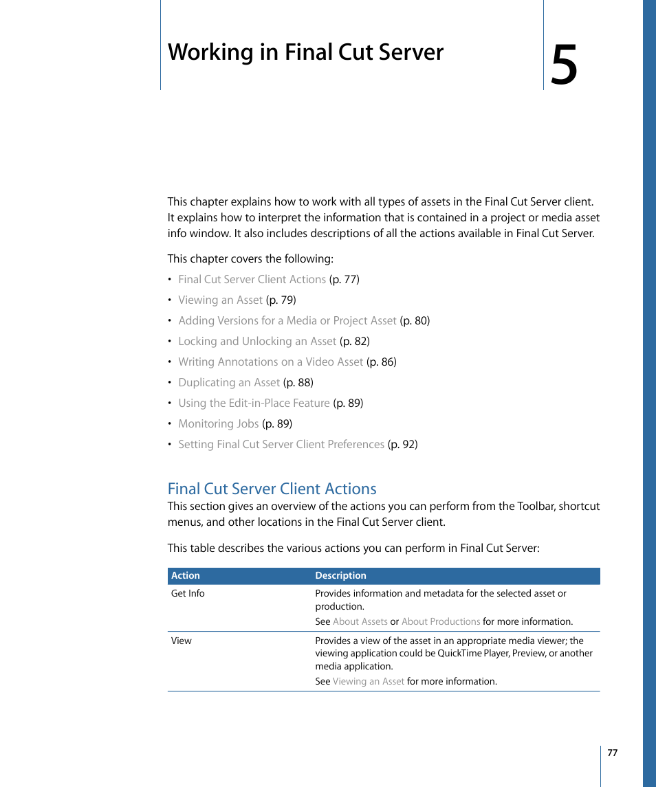 Working in final cut server, Final cut server client actions | Apple Final Cut Server 1.5 User Manual | Page 77 / 148